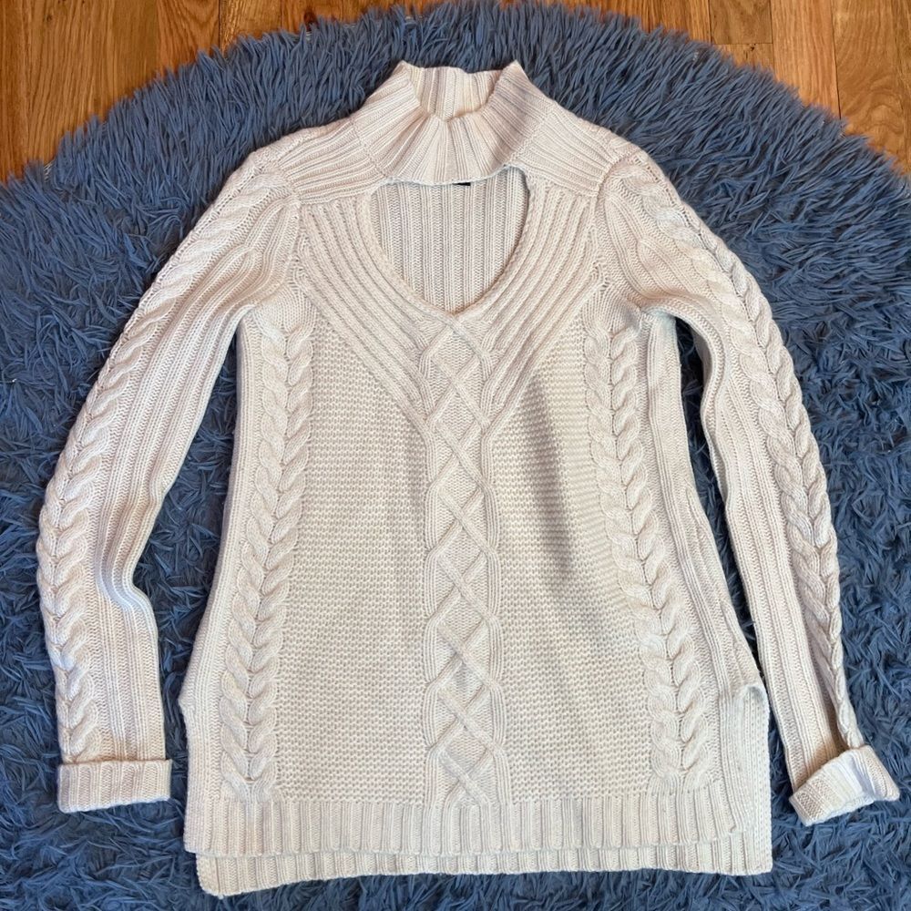Aqua Cashmere Ivory White Cable Knit Chunky 100% Cashmere Sweater Size XS
